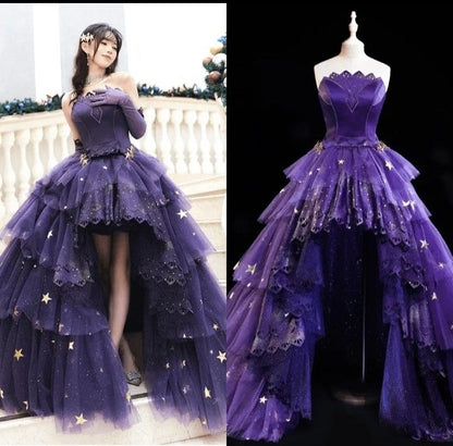 Modest High Low Strapless Purple Satin With Lace Prom Dresses Long Party Dress Grad Formal Evening Dresses AB1959
