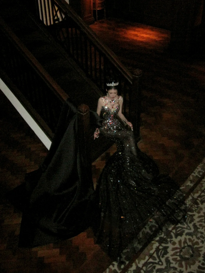 Sparkly Mermaid High Neck Black Sequin With Beads Gem Long Prom Dresses 20th Birthday Outfits AB2406