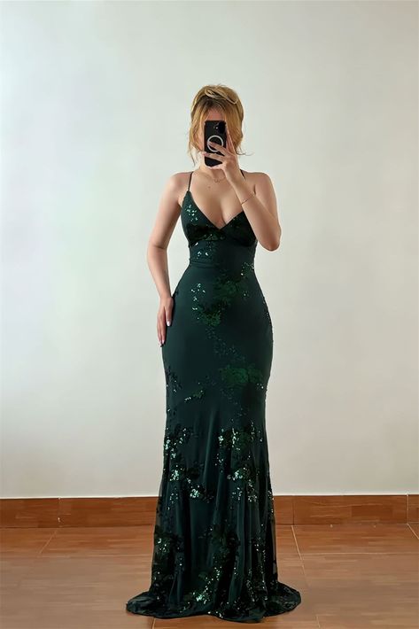 Timeless Dark Green Spaghetti-Straps Sleeveless Prom Dresses Mermaid V-Neck With Lace-Up Back AB1586