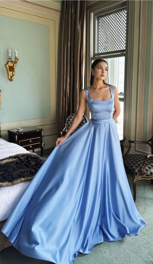 Cute A Line Square Neck Blue Satin Sleeveless Prom Dresses Long Prom Gowns AB218