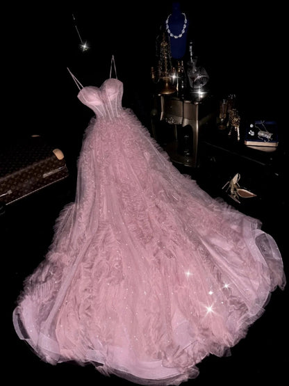 Romantic Ball Gown Spaghetti Straps Pink Tulle With Ruffled High School Dances Prom Dresses 8th Grade Formal Outfits Evening Gown RB8424
