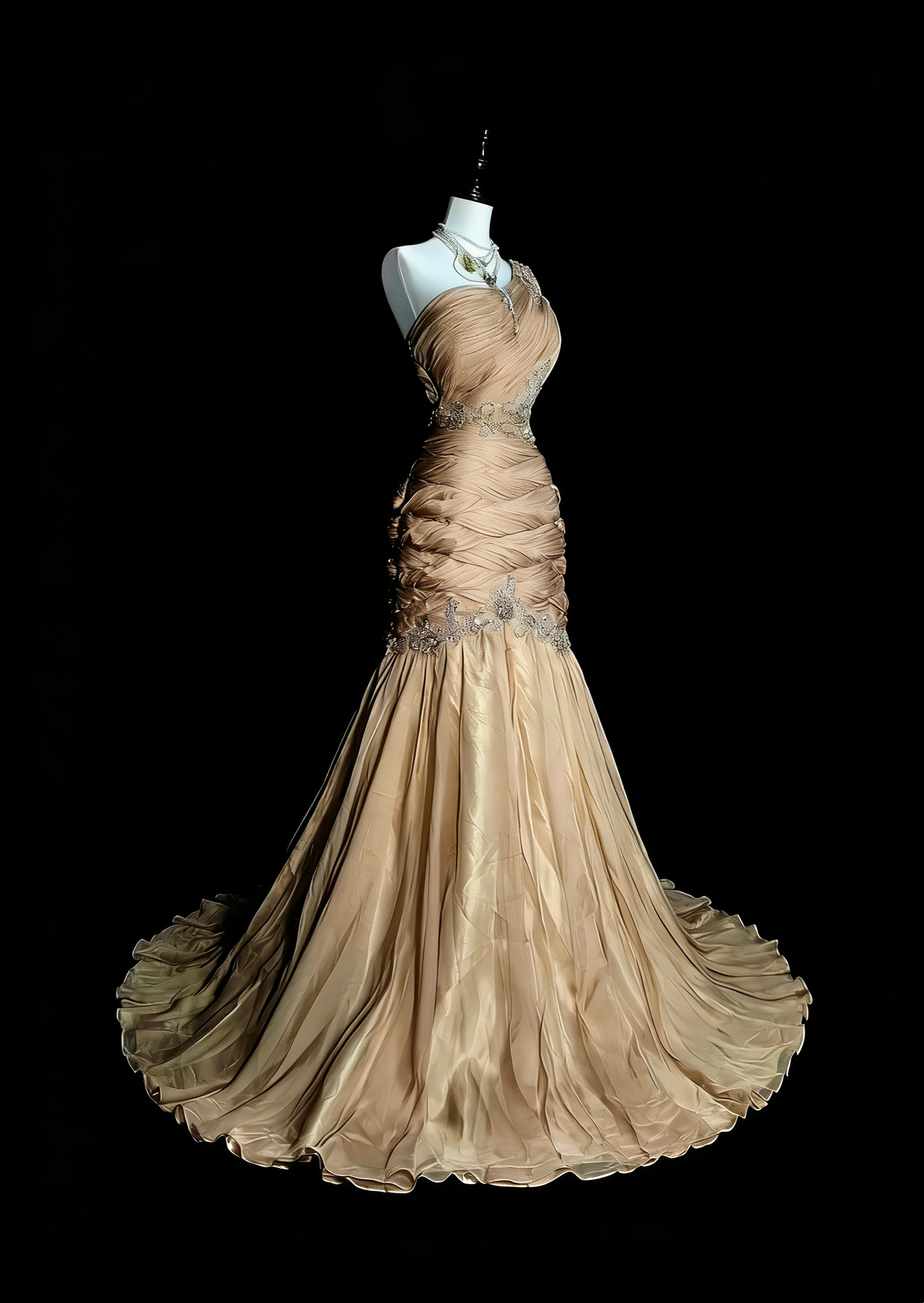 Vintage Mermaid One Shoulder Champagne Tulle With Pleated Sleeveless 80s Prom Dresses Long Formal Party Gown N1474