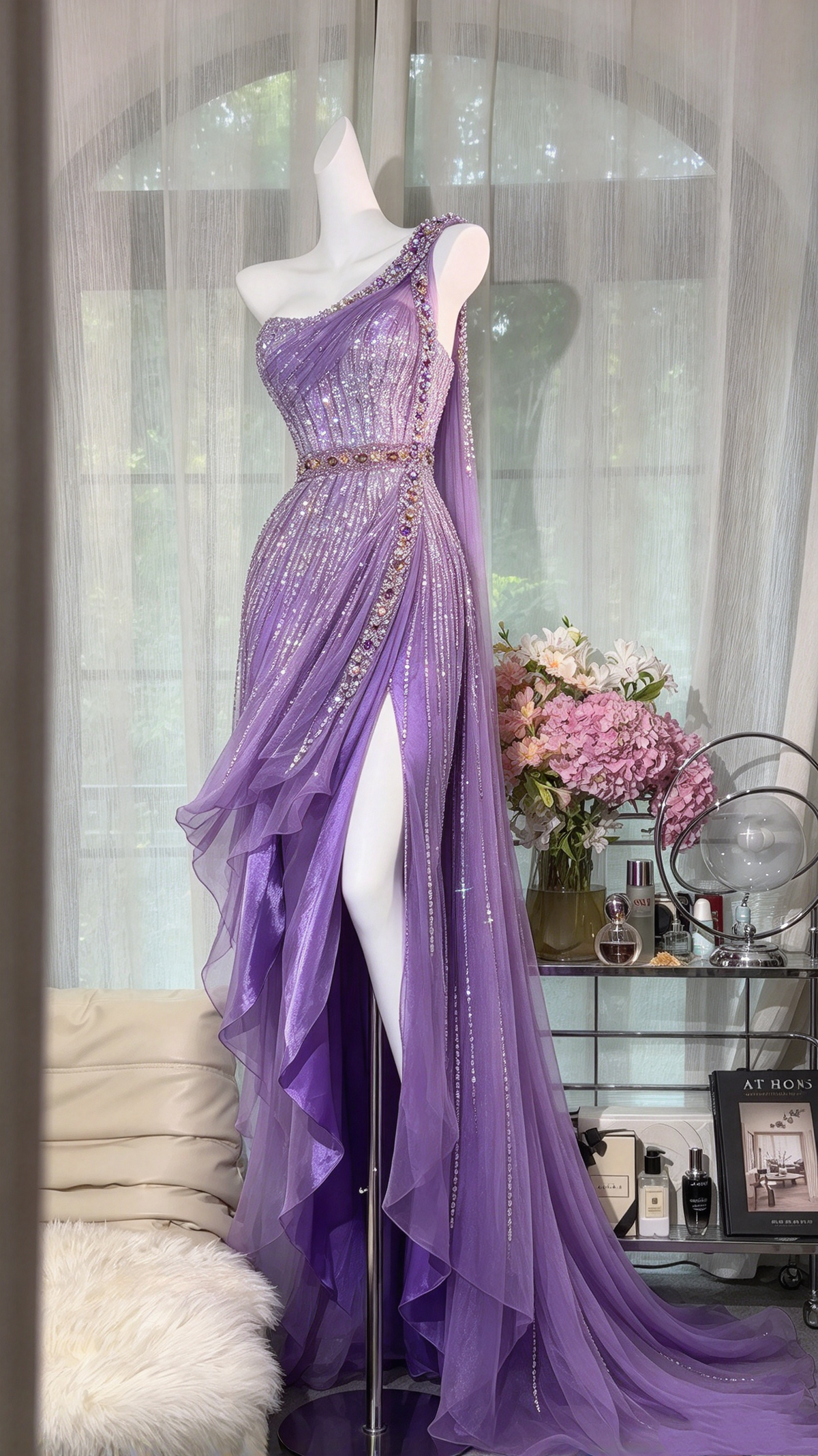 Modest Prom Dresses Mermaid One Shoulder Tulle Lilac With Silver Beading Formal Dress RC1293