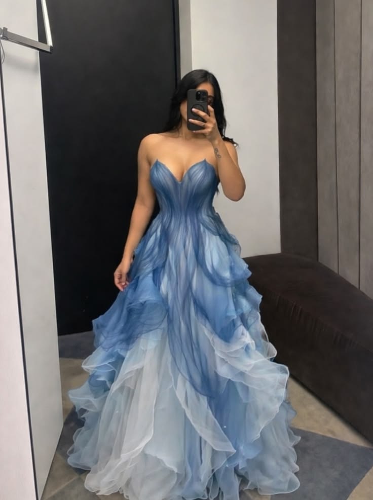 Cute Ball Gown Sweetheart Blue Tulle With Ruffled Long Quince Dress Quinceanera Dresses Formal Birthday Outfits RB8207