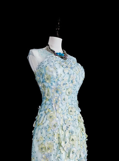 Vintage Prom Dresses Aesthetic Mermaid Light Sky Blue Tulle Lace Classic Inspo Party Dress N2002
