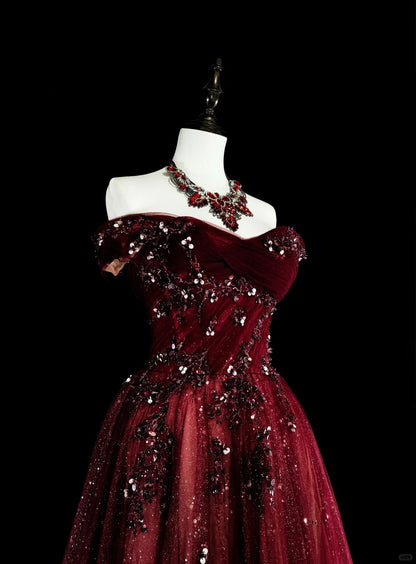 Off-Shoulder Sparkly A line Burgundy With Appliques Long Prom Dress Wine Red Party Dresses N1777