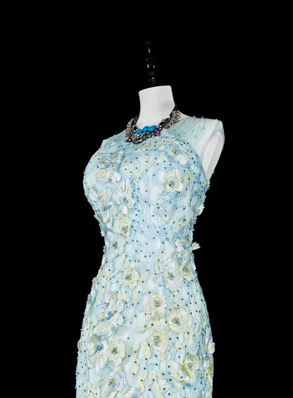 Vintage Prom Dresses Aesthetic Mermaid Light Sky Blue Tulle Lace Classic Inspo Party Dress N2002