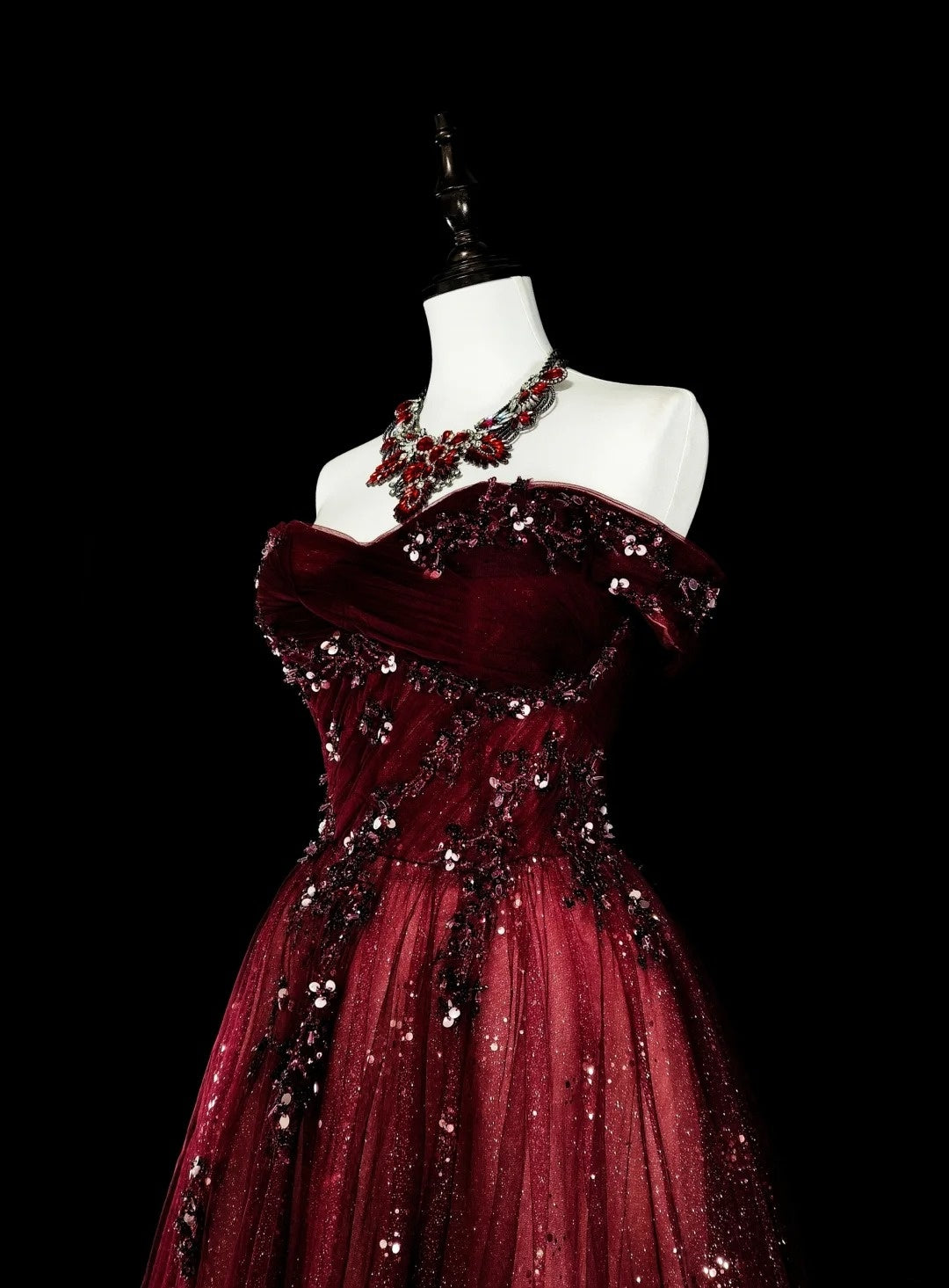 Off-Shoulder Sparkly A line Burgundy With Appliques Long Prom Dress Wine Red Party Dresses N1777