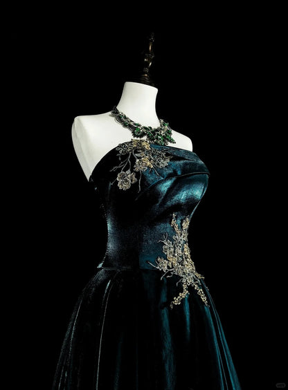 Vintage A line Strapless Dark Green Velvet 70s With Gold Appliques Long Prom Gown Party Wear Dresses N1845