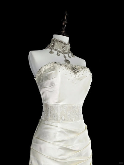 Unique Wedding Dresses Mermaid Strapless Lace Sleeveless White Long Brides Dress N3512