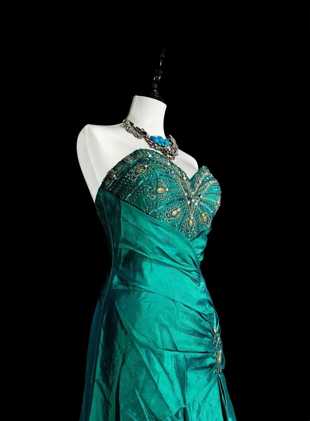 Vintage Mermaid Sweetheart Dark Green 70s With Pleated Beads Long Prom Gown Party Wear Dresses N1839