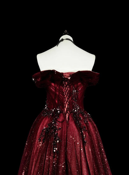 Off-Shoulder Sparkly A line Burgundy With Appliques Long Prom Dress Wine Red Party Dresses N1777