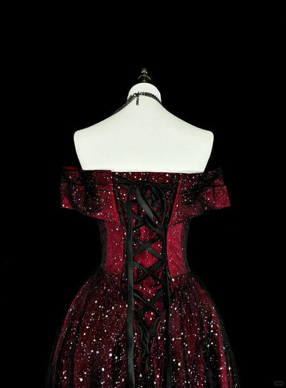 Dreamy Prom Dresses Vintage 90s Retro Off The Shoulder A line Burgundy Black Long Formal Outfits N2374