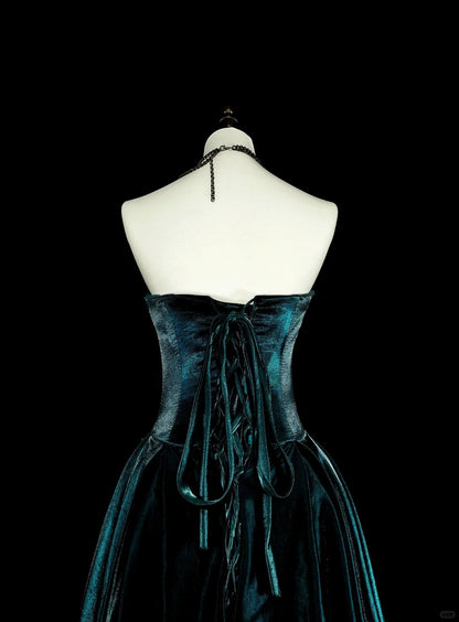 Vintage A line Strapless Dark Green Velvet 70s With Gold Appliques Long Prom Gown Party Wear Dresses N1845