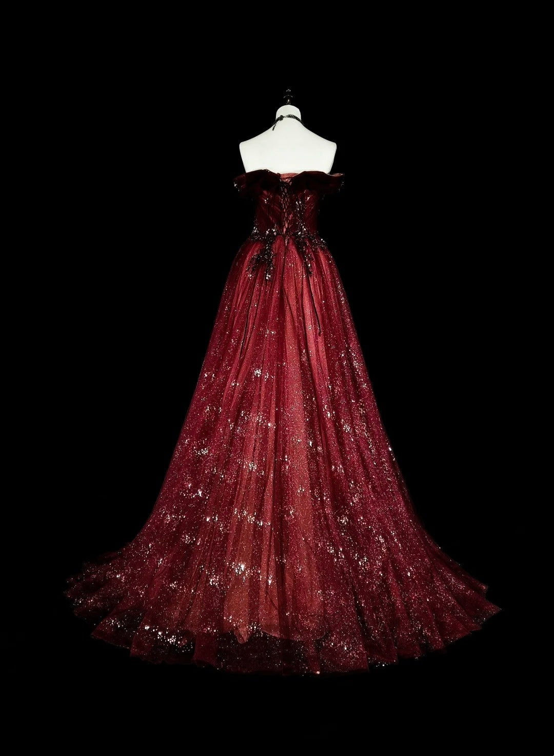 Off-Shoulder Sparkly A line Burgundy With Appliques Long Prom Dress Wine Red Party Dresses N1777