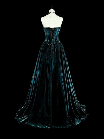 Vintage A line Strapless Dark Green Velvet 70s With Gold Appliques Long Prom Gown Party Wear Dresses N1845