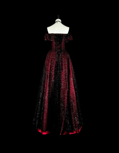 Dreamy Prom Dresses Vintage 90s Retro Off The Shoulder A line Burgundy Black Long Formal Outfits N2374