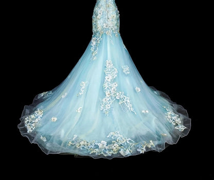 Vintage Prom Dresses Aesthetic Mermaid Light Sky Blue Tulle Lace Classic Inspo Party Dress N2002