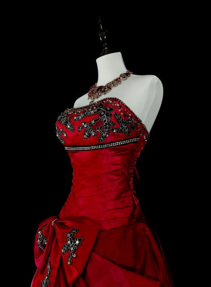 Vintage Mermaid Strapless Red With Beads Sleeveless 80s Prom Dresses Long Formal Party Gown N1473