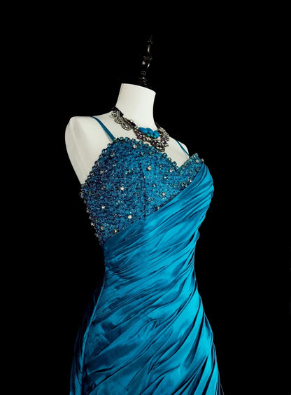 Vintage Prom Dresses Mermaid Spaghetti Strap Blue With Beading Pleated 1980s Long Formal Gown N2702