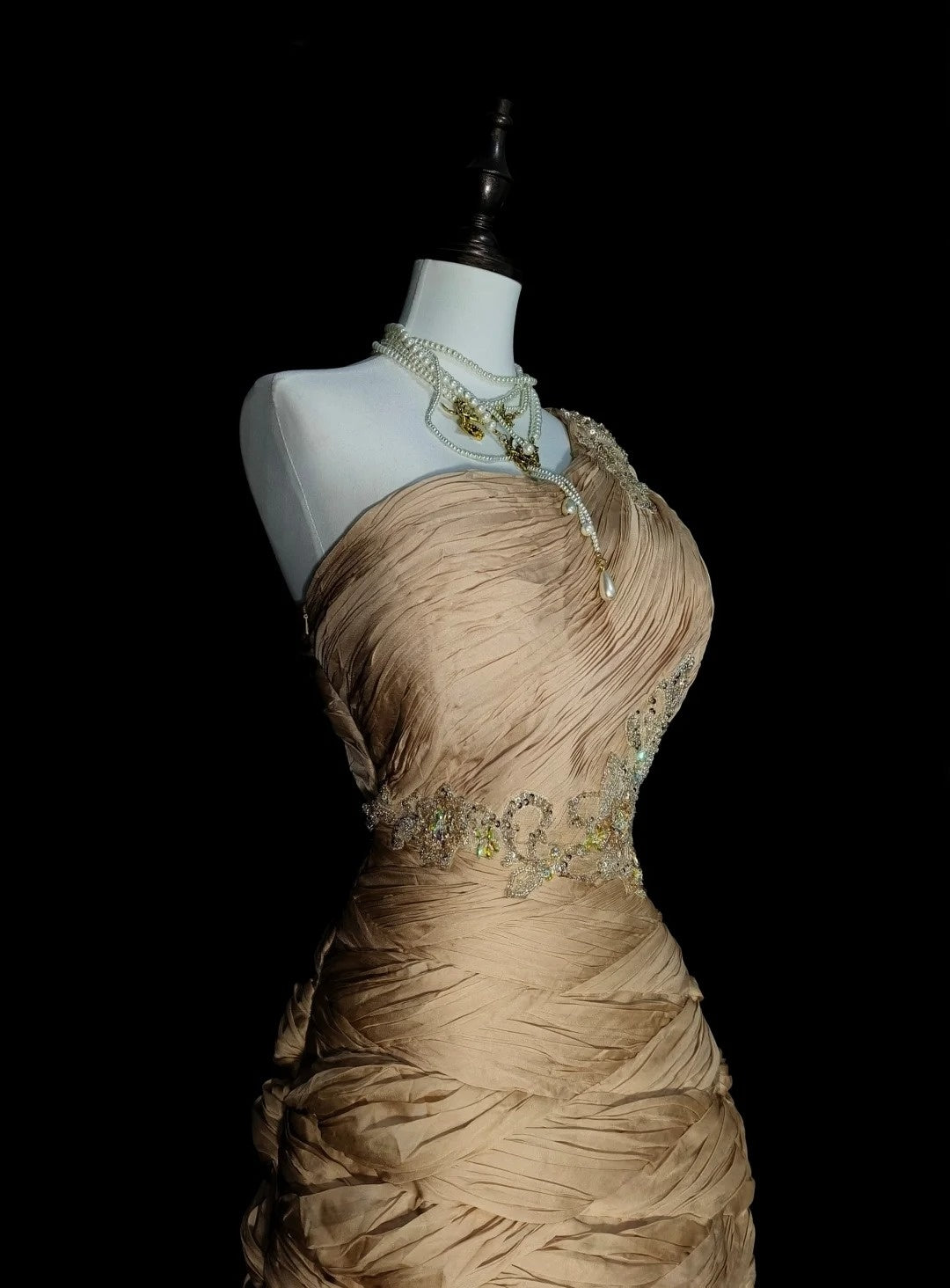 Vintage Mermaid One Shoulder Champagne Tulle With Pleated Sleeveless 80s Prom Dresses Long Formal Party Gown N1474