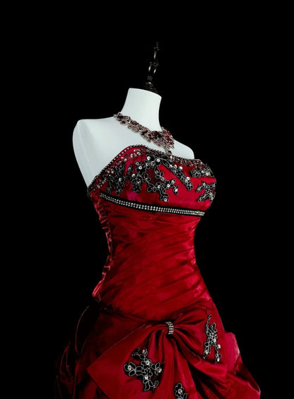 Vintage Mermaid Strapless Red With Beads Sleeveless 80s Prom Dresses Long Formal Party Gown N1473