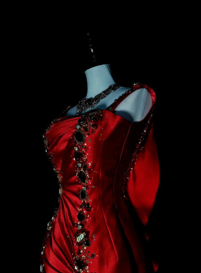 Vintage Mermaid Spaghetti Straps Red With Beadings Sleeveless 80s Prom Dresses Long Formal Party Gown N1476