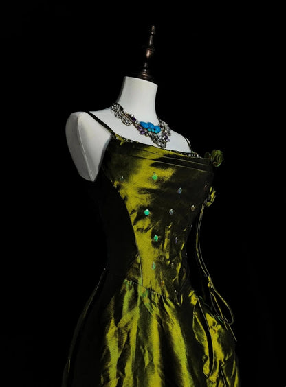 Vintage Ball Gown Spaghetti Straps Olive Green With Beadings Sleeveless 80s Prom Dresses Long Formal Party Gown N1477