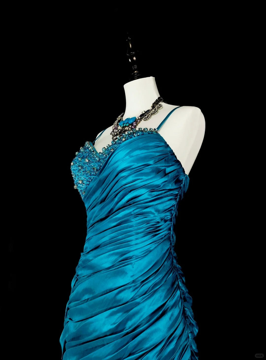 Vintage Prom Dresses Mermaid Spaghetti Strap Blue With Beading Pleated 1980s Long Formal Gown N2702