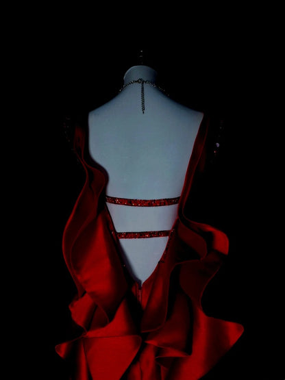 Vintage Mermaid Spaghetti Straps Red With Beadings Sleeveless 80s Prom Dresses Long Formal Party Gown N1476