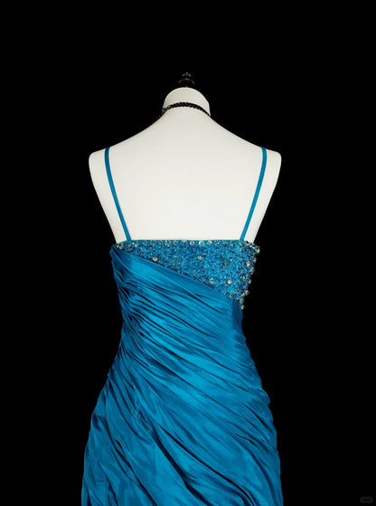 Vintage Prom Dresses Mermaid Spaghetti Strap Blue With Beading Pleated 1980s Long Formal Gown N2702