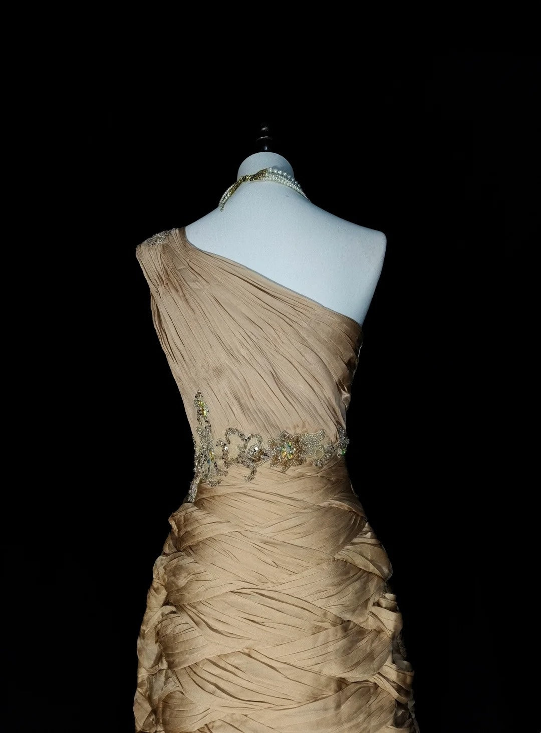 Vintage Mermaid One Shoulder Champagne Tulle With Pleated Sleeveless 80s Prom Dresses Long Formal Party Gown N1474