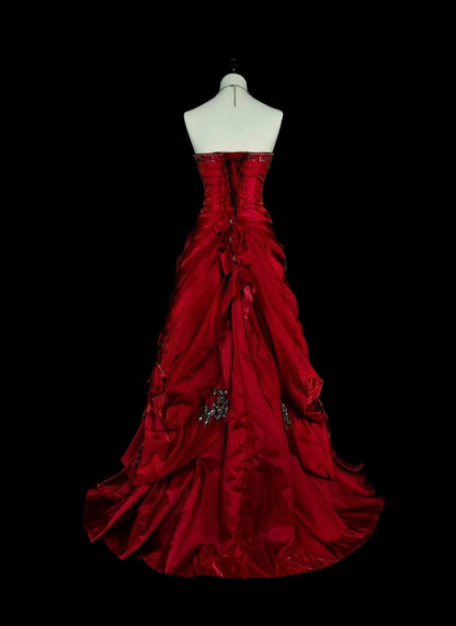 Vintage Mermaid Strapless Red With Beads Sleeveless 80s Prom Dresses Long Formal Party Gown N1473