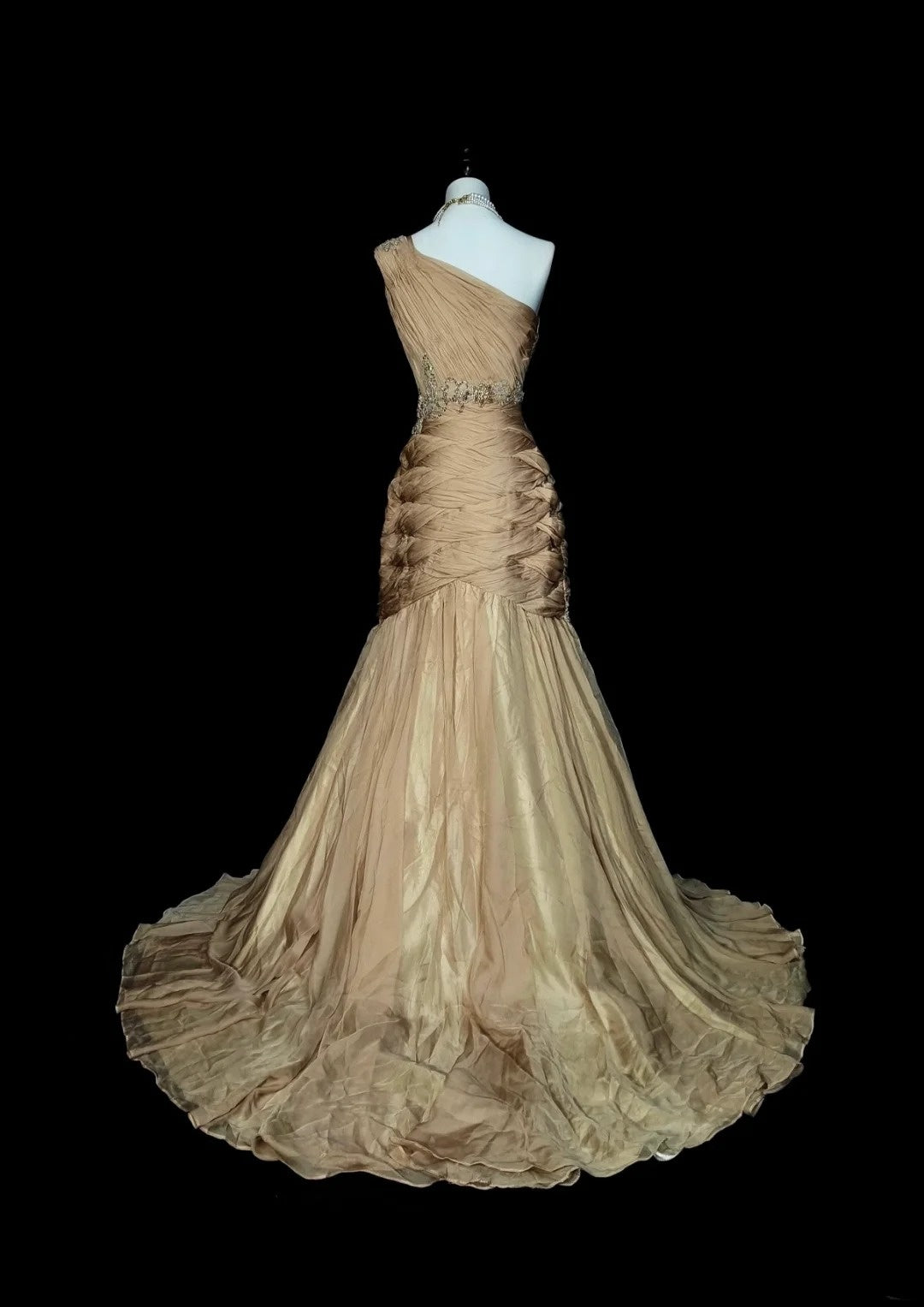 Vintage Mermaid One Shoulder Champagne Tulle With Pleated Sleeveless 80s Prom Dresses Long Formal Party Gown N1474