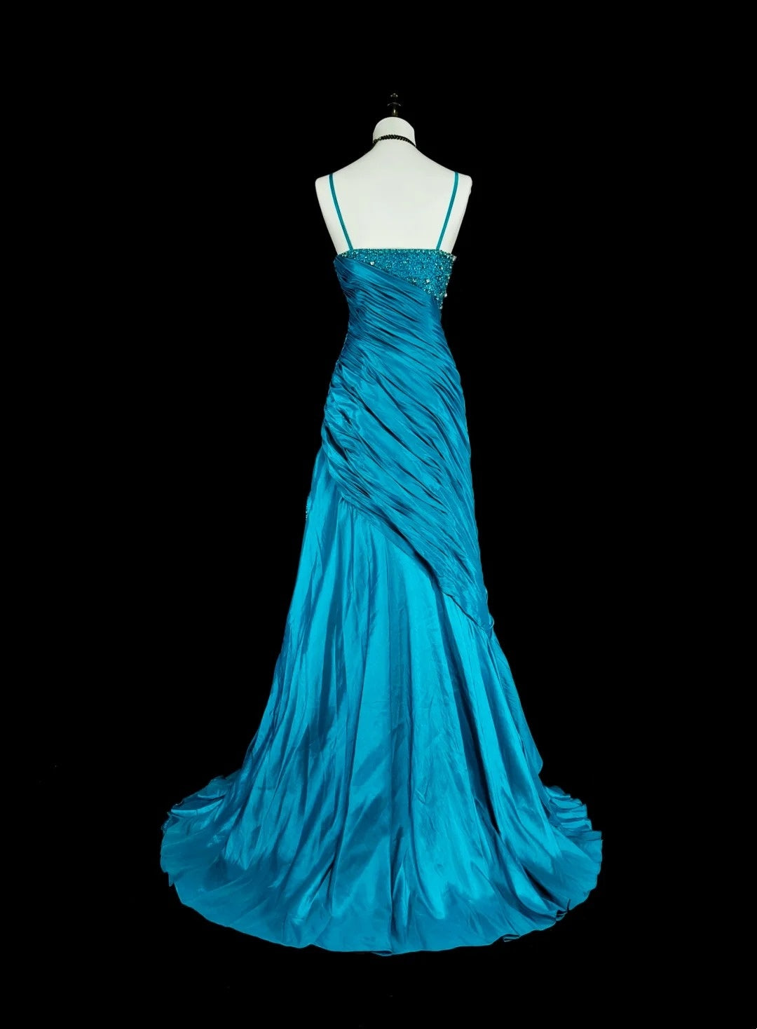 Vintage Prom Dresses Mermaid Spaghetti Strap Blue With Beading Pleated 1980s Long Formal Gown N2702