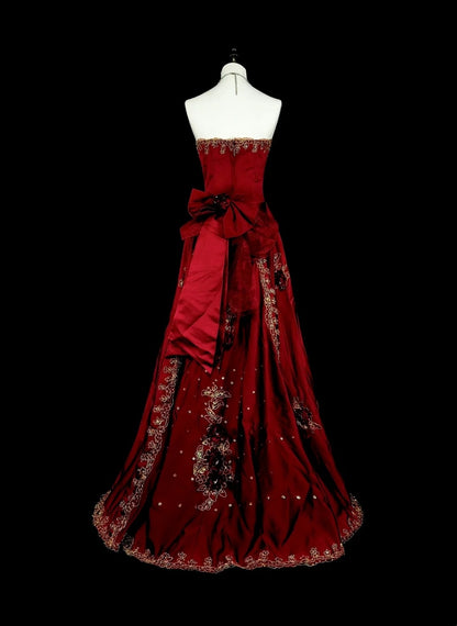 Vintage 1760s A Line Strapless Wine Red With Back Bow-knot Sleeveless Pleated Long Prom Dresses N1591