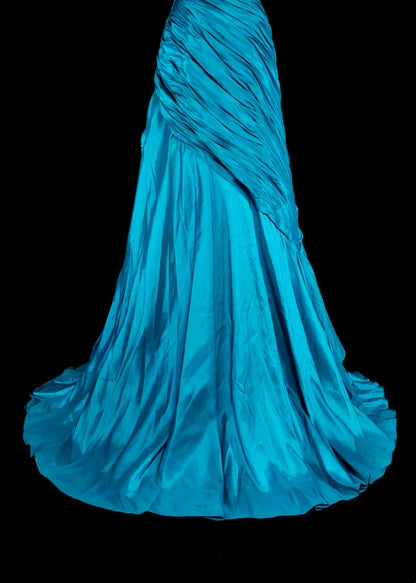 Vintage Prom Dresses Mermaid Spaghetti Strap Blue With Beading Pleated 1980s Long Formal Gown N2702