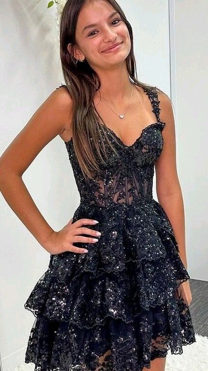 Stylish A Line Straps Lace Little Black Dress Semi-formal 12th Grad Inspo Short Mini Homecoming Dresses RB4554