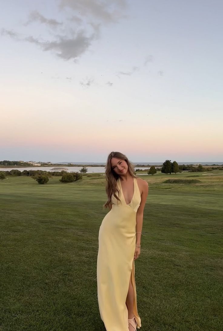 Simple Mermaid Halter Yellow Slit Summer Spring Inspiration Long Wedding Guest Dress Birthday Outfits N1640