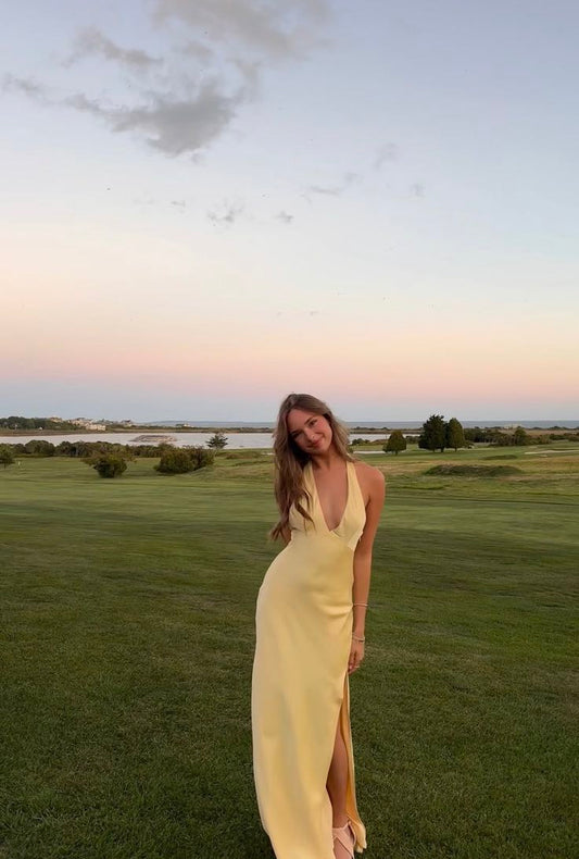 Simple Mermaid Halter Yellow Slit Summer Spring Inspiration Long Wedding Guest Dress Birthday Outfits N1640