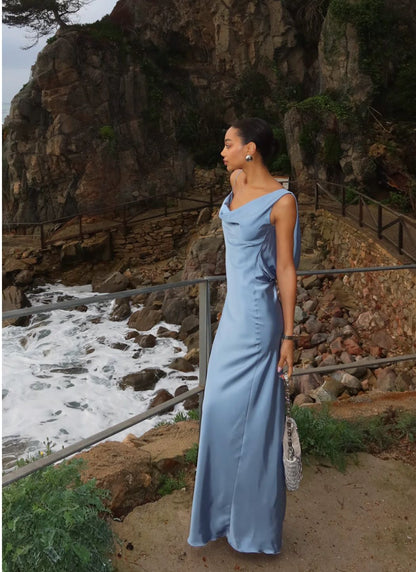 Simple Sheath Blue Backless Satin Long Prom Formal Dresses N2495