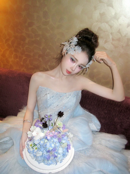 Princess Wedding Dresses Ball Gown Strapless Light Blue Tulle Pleated Brides Dress Style For Brides Fitted Long Bridal Gowns AB2404