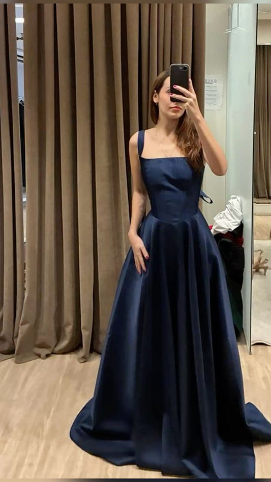 Timeless A line Square Neck Navy Blue Satin Prom Dresses Long for Women Formal Evening Gown AB180