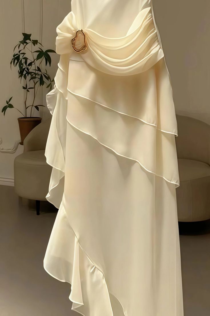 Modest Mermaid Spaghetti Strap Ivory Chiffon Party Dress Pleated Prom Dresses AB143