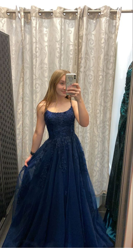 Modest A line Spaghetti Strap Navy Blue Tulle Lace Prom Dresses Long for Women Formal Evening Gown AB167