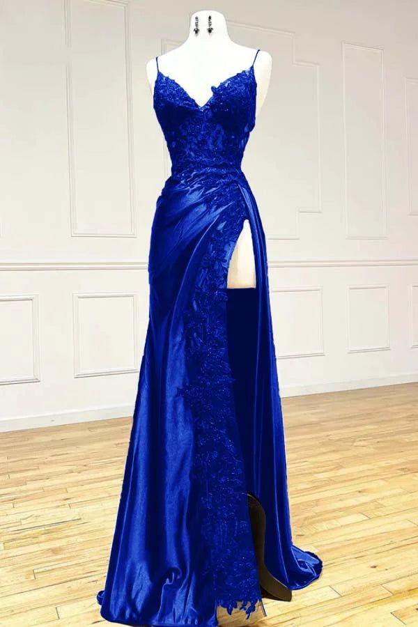 Classy Spaghetti Straps Mermaid Wine Red V Neck Satin Lace Long Prom Dresses Formal Dress AB138