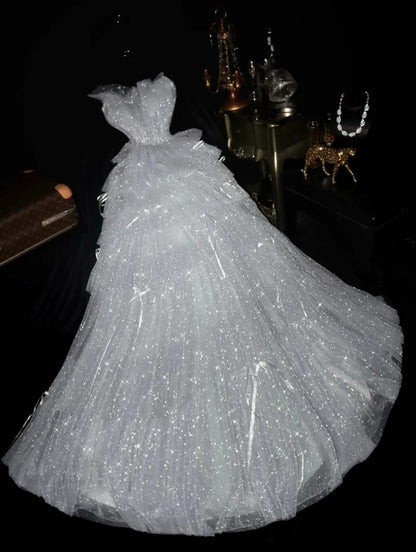 Sophisticated Ball Gown Strapless Silver Gray With Tiered Bow School Dances Prom Dresses 8th Grade Formal Outfits Evening Gown RB8425