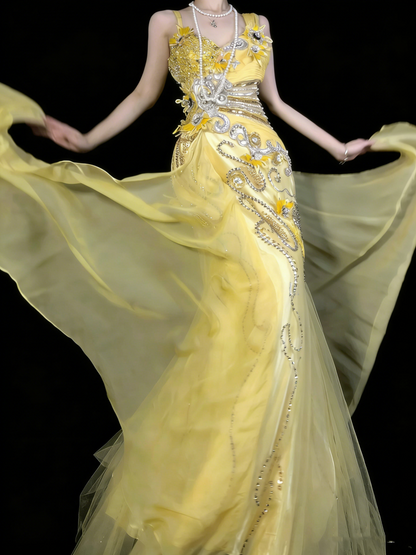 Modest Mermaid Sweetheart Yellow Chiffon With Beaded Bodice College Formal Outfit Long Prom Graduation Dresses For Teens N1191
