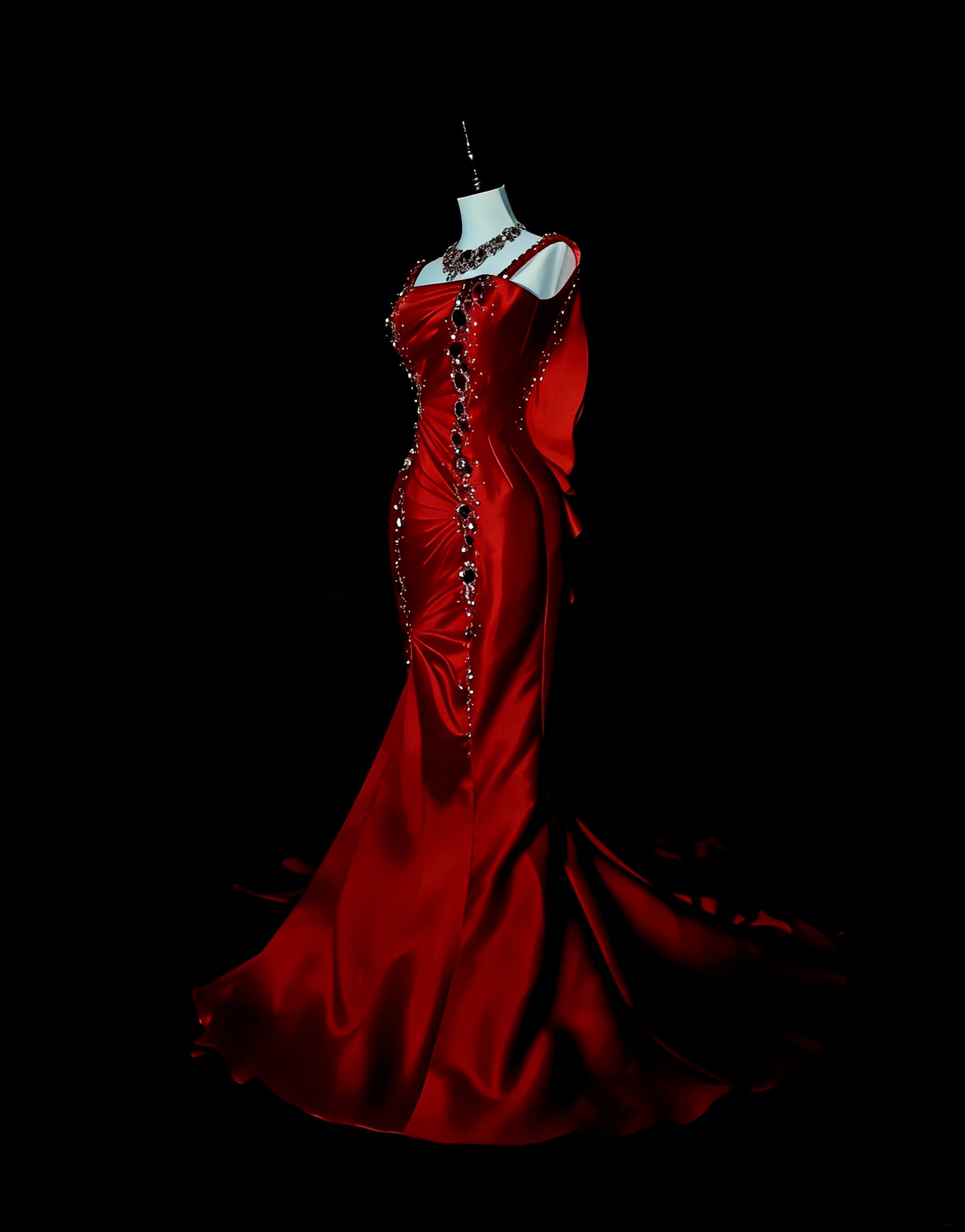 Vintage Mermaid Spaghetti Straps Red With Beadings Sleeveless 80s Prom Dresses Long Formal Party Gown N1476