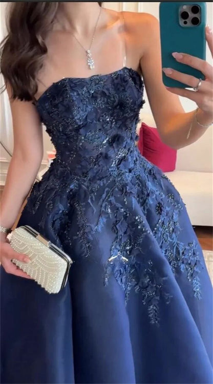 Elegant Navy Blue Strapless Appliques A Line Prom Dress Evening Dress Vestidos De Dia AB512